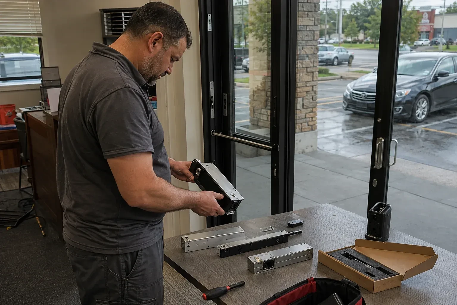 Person holding a rectangular door-hardware housing at a table with additional metal assemblies beside a glass entrance. — Access Control Installation, Newmarket