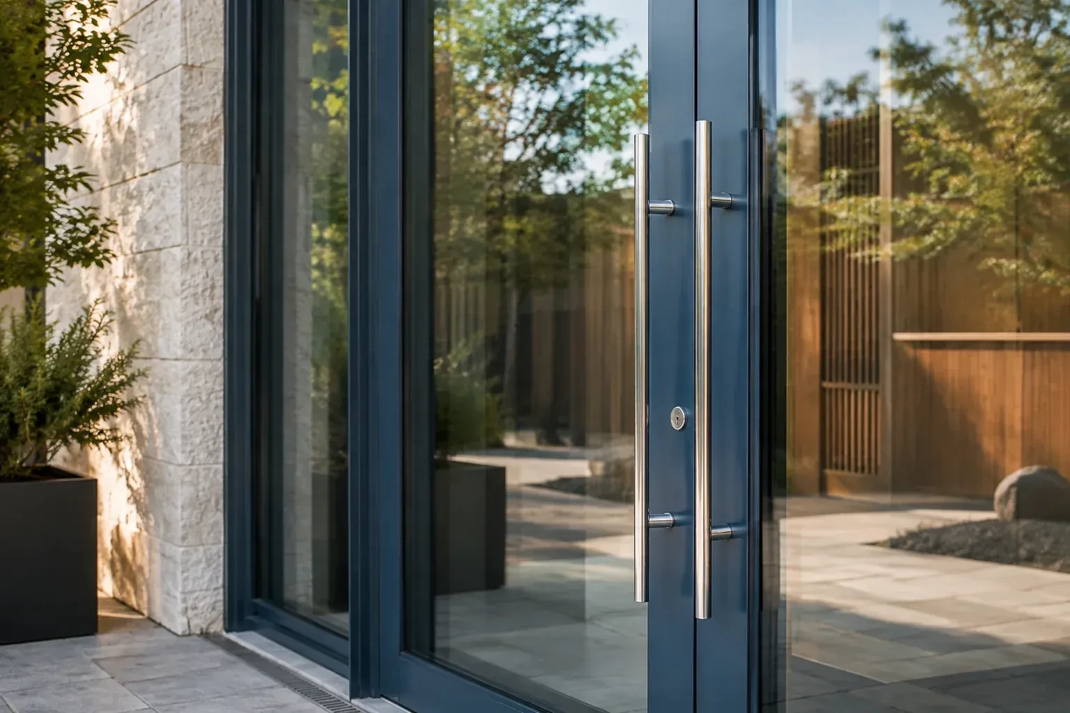 Dark-framed glass entrance doors with long silver-colored vertical pull handles and a round keyhole. — Business Lockout Service, Newmarket