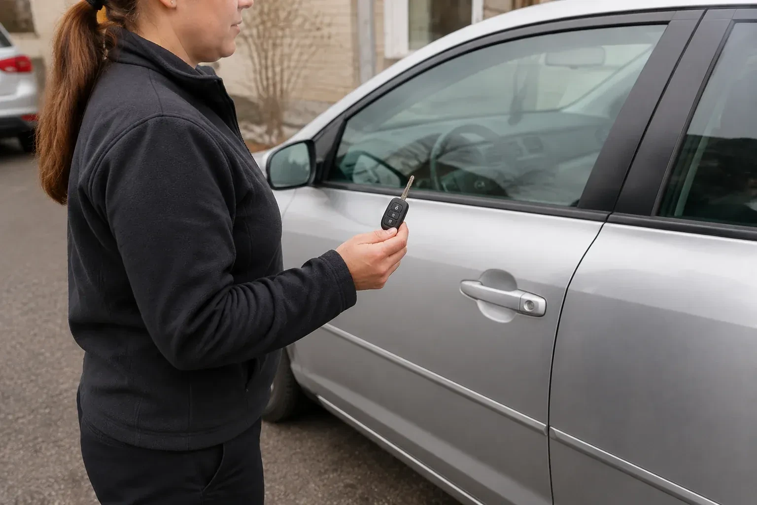 Technician holding a remote key with an extended blade beside a silver car. — Car Key Replacement, Newmarket