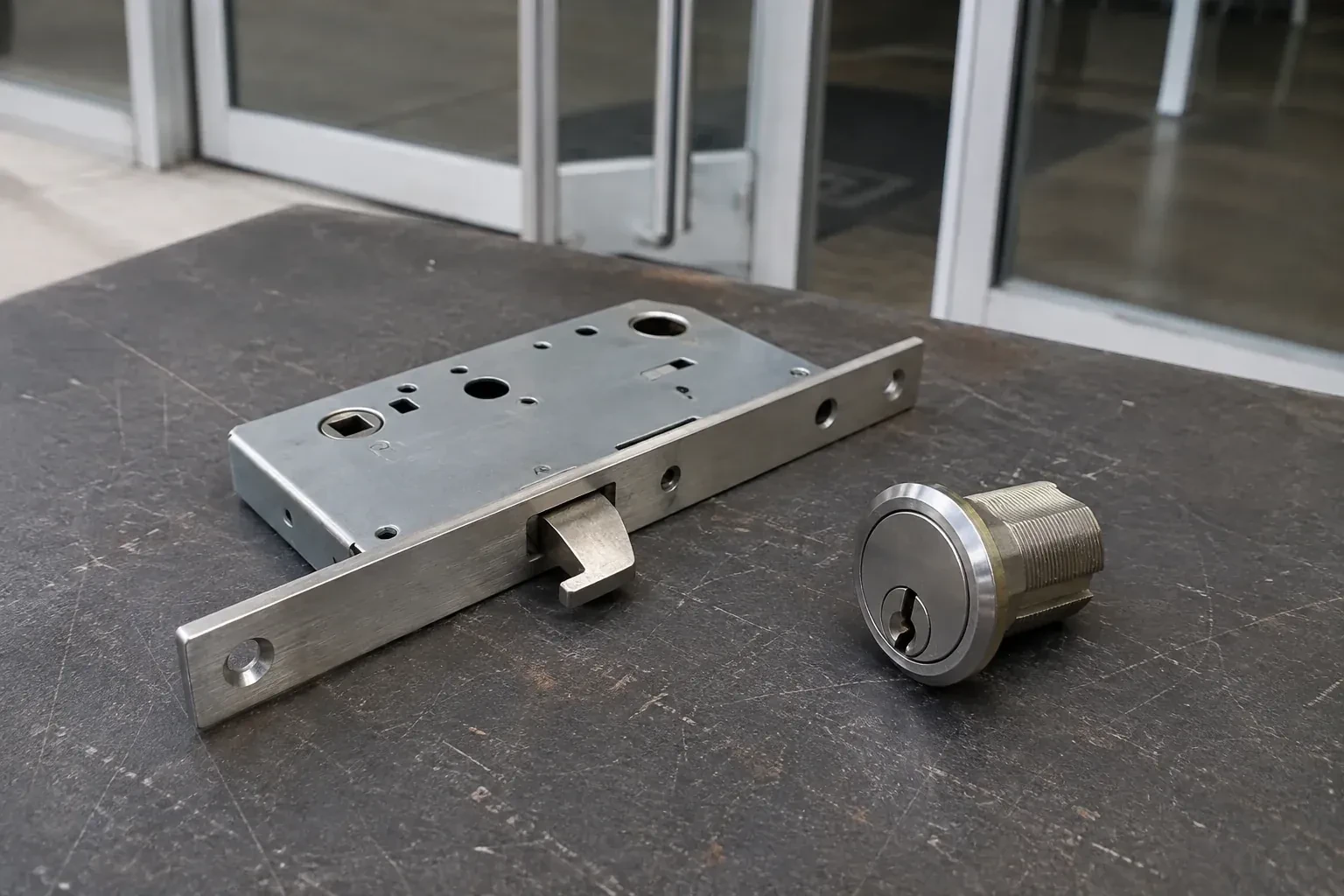 Detached mortise lock body with a projecting hook-shaped bolt beside a threaded cylinder. — Commercial-Grade Lock Replacement, Newmarket