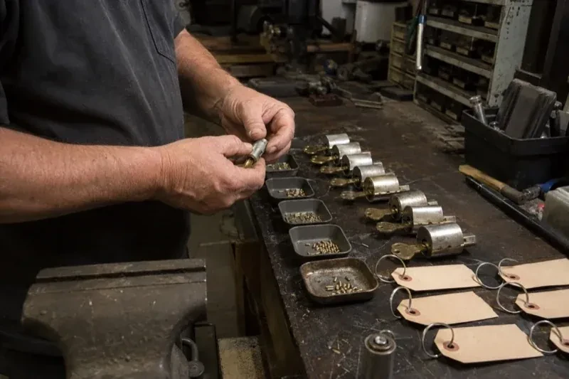 Person handling a lock cylinder at a workbench lined with cylinders, keys, small pin trays and blank key tags. — Commercial Rekeying, Newmarket