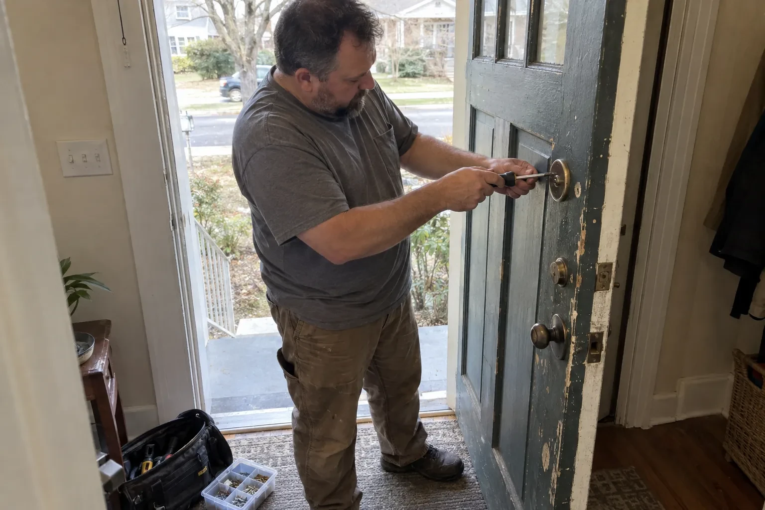 Illustrative locksmith scene; not an actual job — Deadbolt Installation, Newmarket