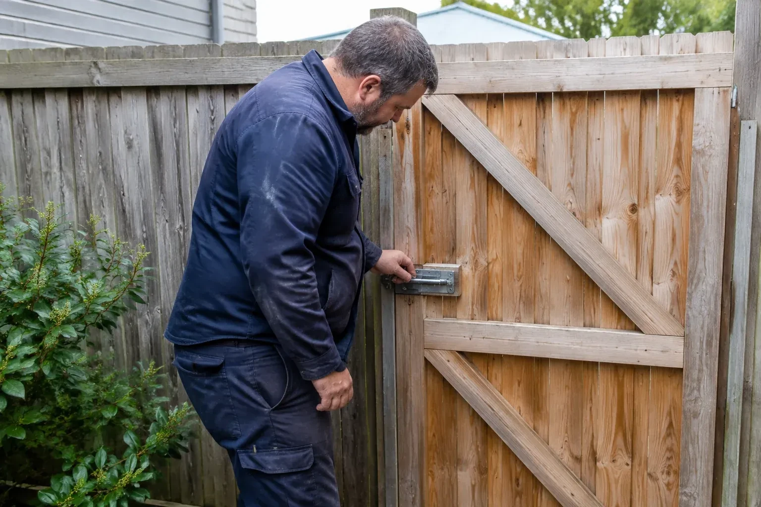 Person touching the sliding metal bolt on a wooden garden gate. — Gate & Building Entry Locks, Newmarket