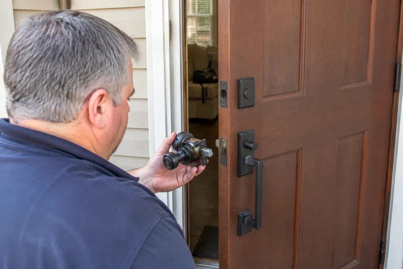 Person holding a removed black lock assembly beside a partly open brown front door with a long black pull handle. — Home Lockout Service, Newmarket