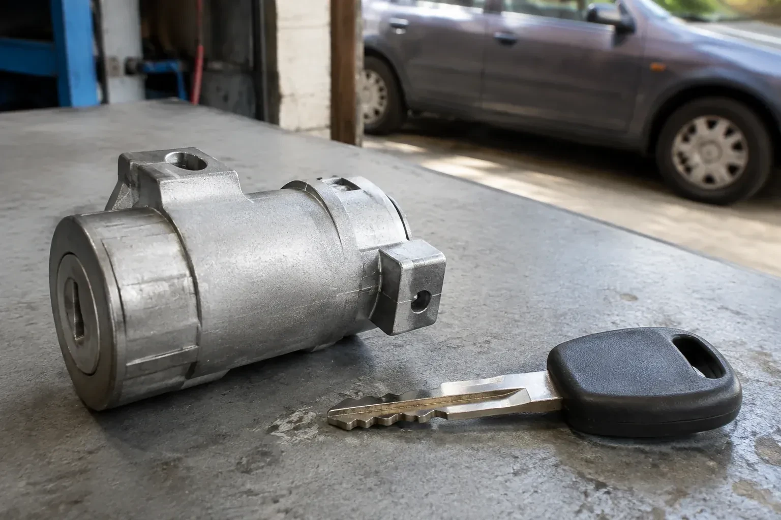 Detached cylindrical lock housing and black-headed key on an automotive workbench. — Ignition Lock Repair, Newmarket
