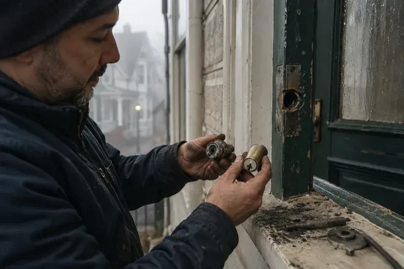Person holding two lock cylinders beside an open painted door, with loose hardware and debris on the sill. — Seized & Jammed Lock Opening, Newmarket