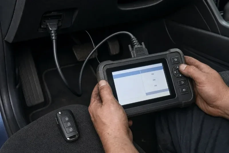 Hands holding a diagnostic tablet connected beneath a car dashboard, with a key fob resting on the person’s leg. — Key Fob Programming, Newmarket
