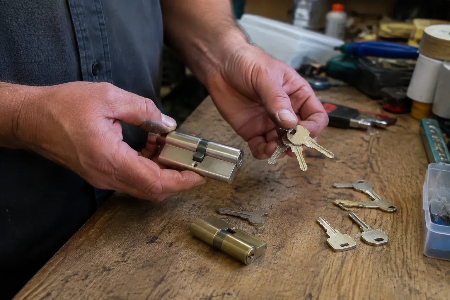 Hands holding a lock cylinder and a ring of keys above a worn workbench with another cylinder and loose keys. — Lock Rekeying, Newmarket