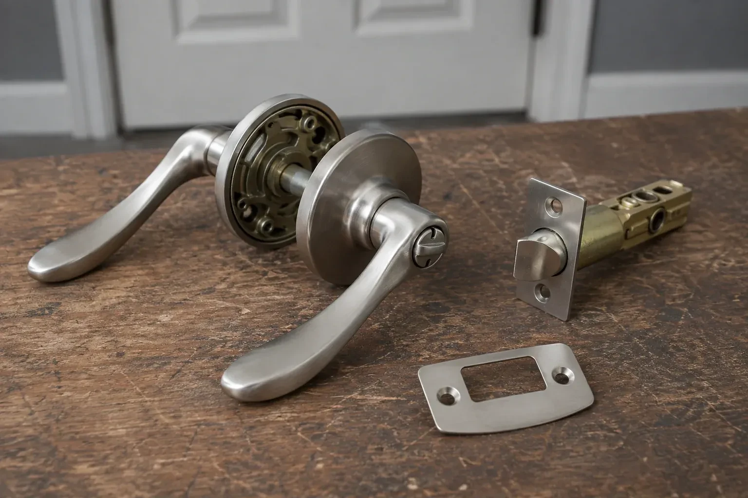 Detached satin-nickel lever hardware, tubular latch and strike plate on a wooden workbench. — Lock Replacement & Upgrade, Newmarket
