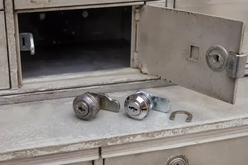 Two loose cam locks and a retaining clip resting below an open metal mailbox compartment. — Mailbox Lock Replacement, Newmarket