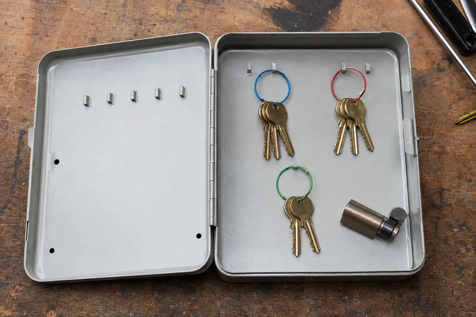 Three groups of keys on colored rings in an open metal key cabinet. — Master Key System Design, Newmarket