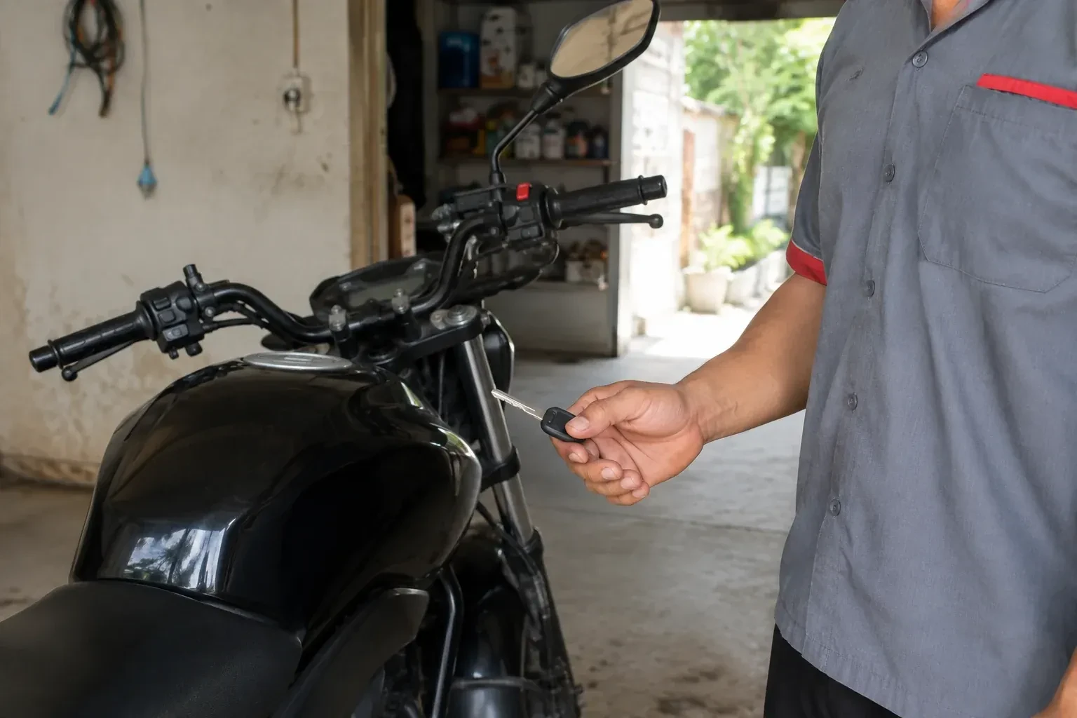 Technician holding a black-headed key beside a parked motorcycle. — Motorcycle & Scooter Keys, Newmarket
