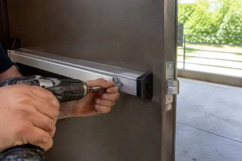 Hands using a power driver at the end of a horizontal push bar on an open metal door. — Panic & Exit Hardware, Newmarket