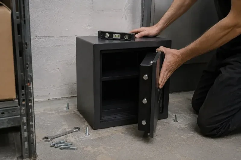 Person kneeling beside an open black safe with a spirit level on top and loose bolts and a wrench on the concrete floor. — Safe Installation & Servicing, Newmarket
