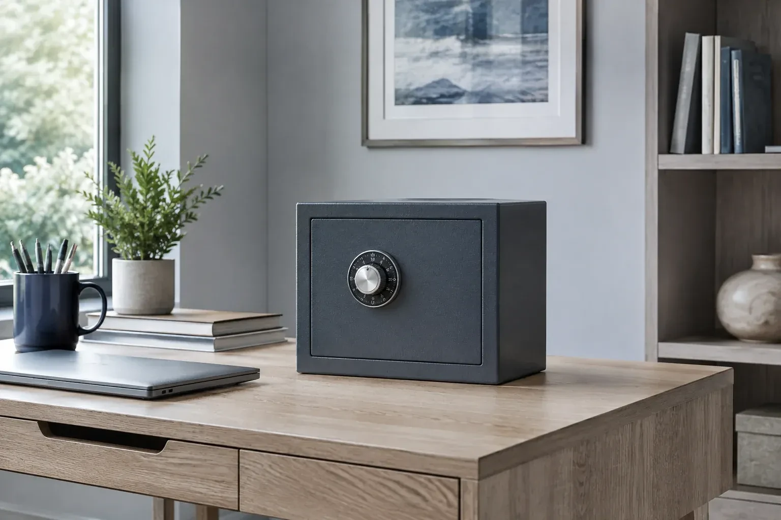 Small dark safe with a combination dial on a wooden desk beside a closed laptop and books. — Safe Opening & Combination Change, Newmarket