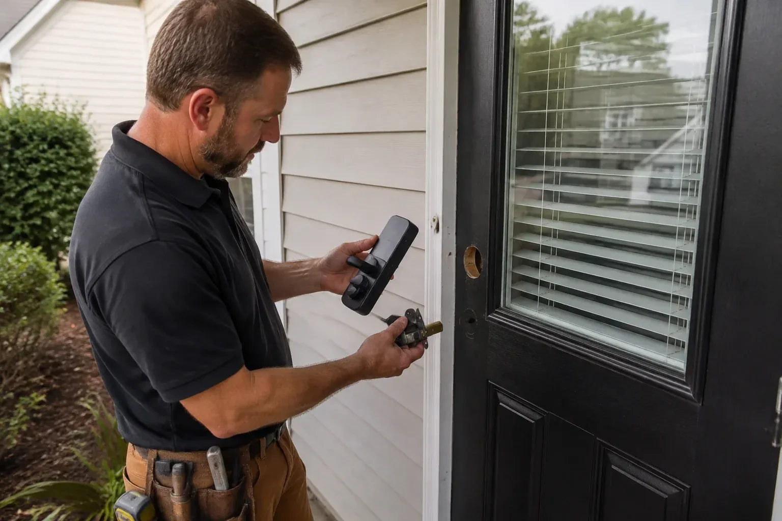 Person holding a black door-handle assembly and a latch beside a glazed door with exposed lock openings. — Smart Lock Installation, Newmarket