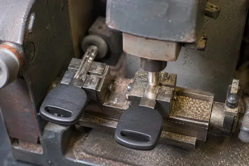 Two black-headed keys clamped in a bench machine, one beneath a vertical cutter, with metal shavings around the clamps. — Spare Car Key Duplication, Newmarket