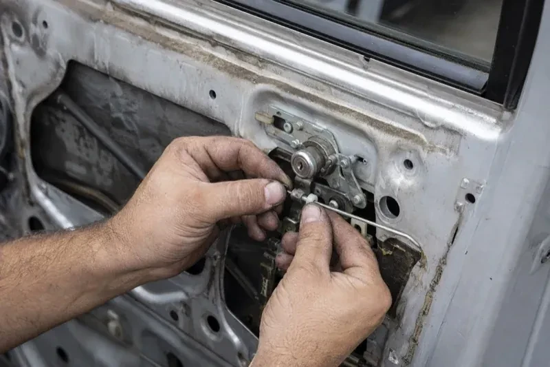 Hands holding a small linkage beside an exposed car-door lock mechanism with the interior trim removed. — Vehicle Lock Repair, Newmarket